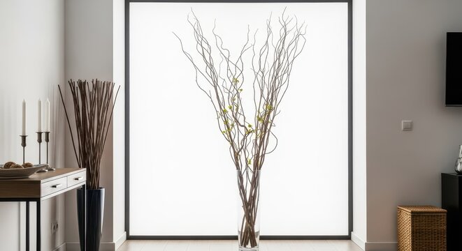Dekorative Zweige in einer hohen Vase vor einer hellen Wand im klassischen Altbau-Ambiente. Minimalistische Inneneinrichtung mit nat&uuml;rlichen Akzenten, Zuhause, Hoch, Altbau