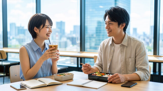 オフィスの休憩スペースでランチを食べながら楽しそうに会話をする男女