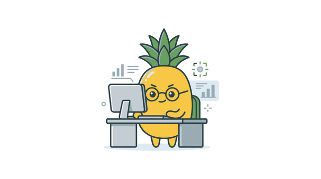 Funny pineapple character working on computer at desk, analytics charts