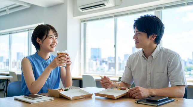 オフィスの休憩スペースでランチを食べながら楽しそうに会話をする男女