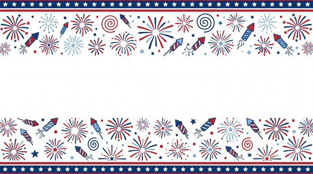 Patriotic fourth of july background frame featuring hand drawn doodles of red and blue fireworks rockets stars and bursts with copy space on white center