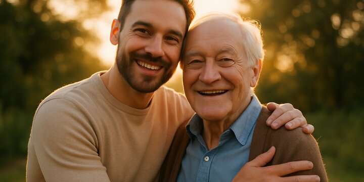Adult hugging senior parent smiling at golden hour [2x1]