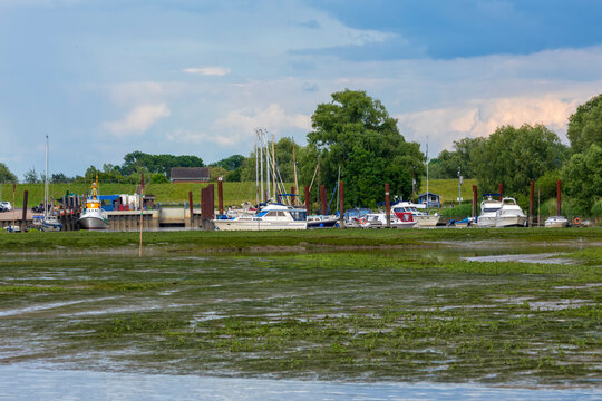 Port and marina at Haseldorf, Schleswig-Holstein, Germany. View from Haseldorfer Binnenelbe, a side arm of Elbe river
