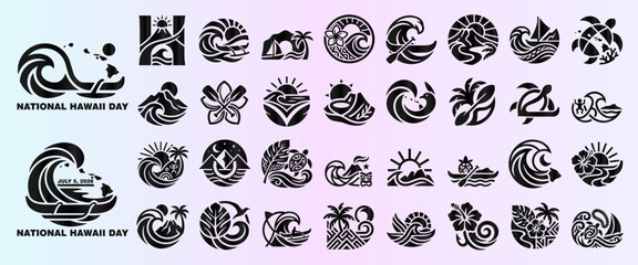 Hawaii Tropical Logo Collection with Ocean Wave and Sea Turtle © Dragut Design AI