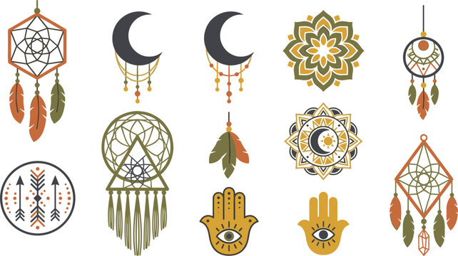 Mystical boho vector element bundle featuring geometric dreamcatchers crescent moons floral mandalas hamsa hand symbols feathers and tribal arrow icons on white background