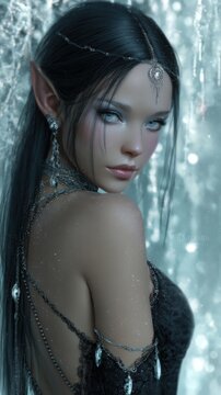 Fantasy, mysterious, wallpaper. A detailed digital artwork depicts a female elf with long, dark hair and piercing blue eyes. She wears a silver headpiece with intricate designs and dangling earrings.