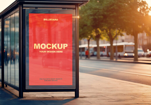 Bus Shelter Billboard Mockup at Sunset
