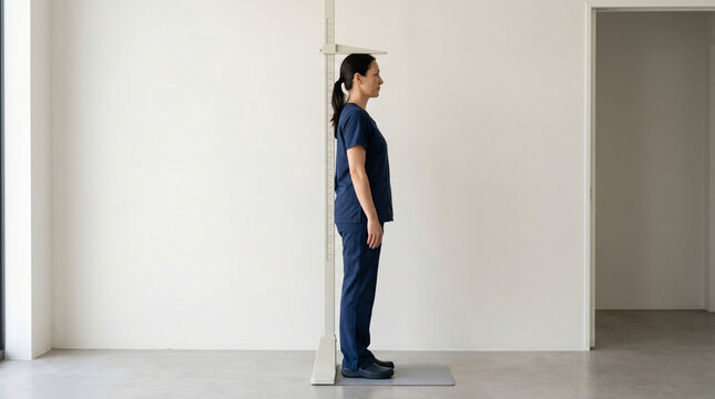 Side profile of an adult woman measuring her height with a stadiometer in a medical clinic, minimalist healthcare and checkup concept