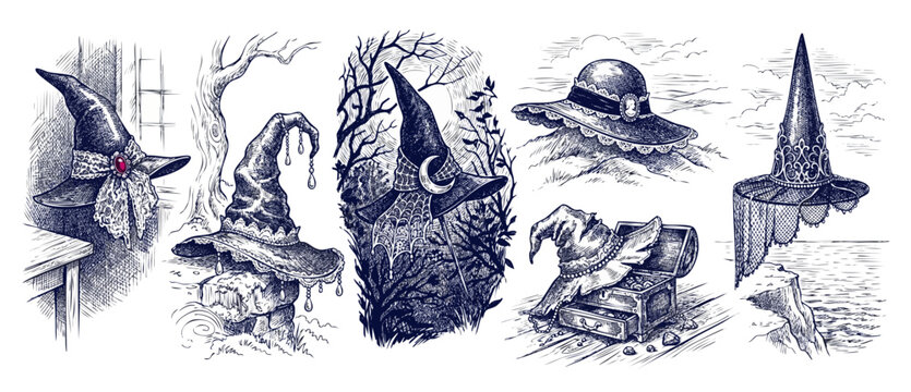 Witch hat drawing magic gothic fantasy wizard hats set depicted in a dark vintage engraving style illustration for halloween designs, spooky occult mysterious elements of sorcery and pagan ritual art.