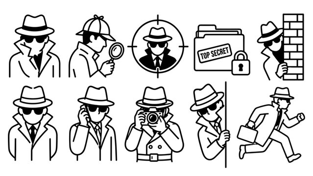 Professional detective and secret agent icon collection featuring surveillance, investigation, evidence gathering, undercover work, espionage, and security operations.