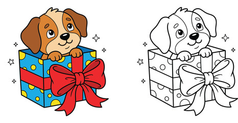 Cute Puppy in a Gift Box with Red Ribbon Bow Coloring Page and Colored Illustration Vector for Kids Birthday Activity © AbuNazam
