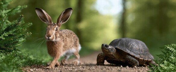 Naklejka premium Hare and turtle on forest path symbolizing persistence and playful rivalry in a vibrant natural setting.