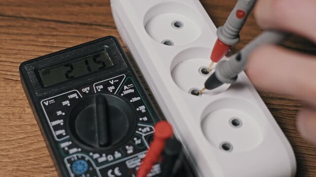 An electrician measures the voltage in a white power strip with a digital multimeter. The probes touch the contacts and the LCD screen shows 220 volts during a safety check.