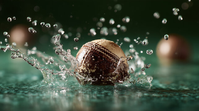 Cricket ball splashing into water droplets