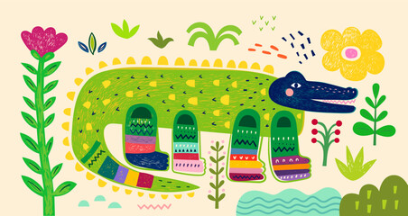 Summer kids print with fun crocodile on the walk . Crocodile vector illustration © moleskostudio