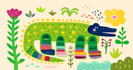 Summer kids print with fun crocodile on the walk . Crocodile vector illustration © moleskostudio
