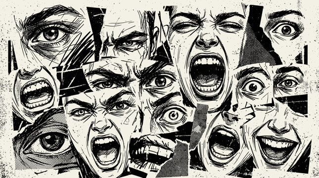 Collection of Angry Human Faces Closeup.