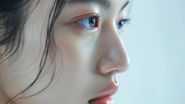 This close-up showcases a woman's profile, emphasizing her clear skin, vivid blue eyes, and delicate sparkles around her eyes. Wet strands of hair frame her face, adding a touch of natural elegance.