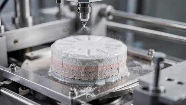 Detailed medium shot of duallayer toilet tablet being sealed and coated highlighting the intricate compression process for longlasting freshness.