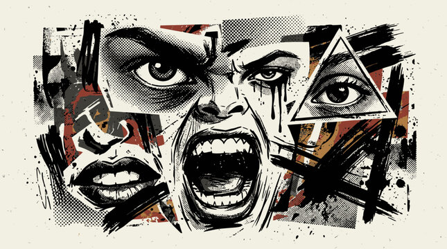 Faces of Anger and Sadness Closeup.