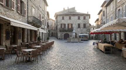 Fototapeta premium Empty Cobblestone Street in Historic European Town with Outdoor Cafes and Soft Morning Light