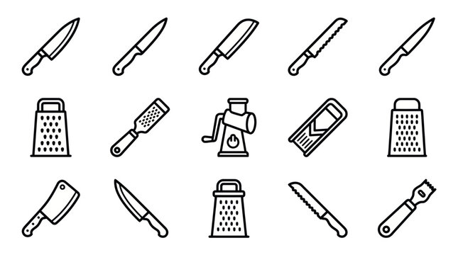 Kitchen cutting and grating tools line icon set