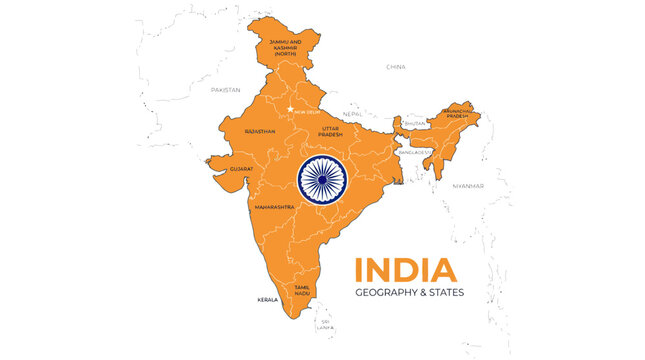 Orange political map of india showing administrative state borders