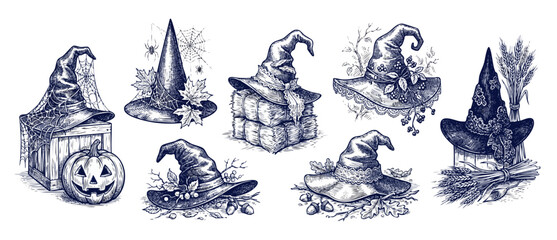 Witch hat Halloween engraving set featuring spooky vintage gothic clip art elements like pumpkin jack o lantern spider webs hay bales autumn leaves and acorns for mysterious October holiday design. © Dinali
