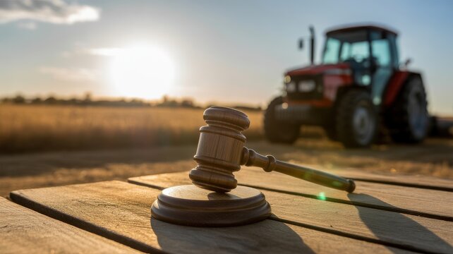 Wooden gavel on outdoor table with tractor in field at sunset representing agricultural law
