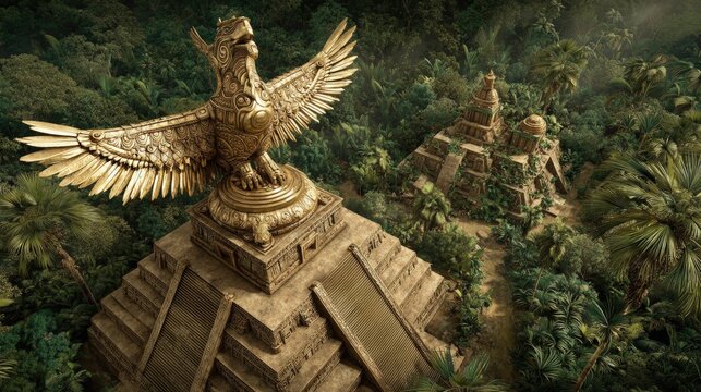 Maya Aztec civilization, Mexico culture. Mysterious, fantasy. A vivid portrayal of a majestic golden eagle statue perched atop a complex, intricately designed pyramid.