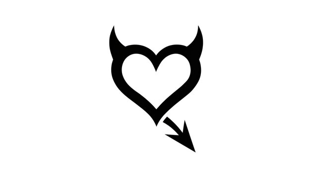 Black devil heart symbol with horns and tail, isolated on transparent background