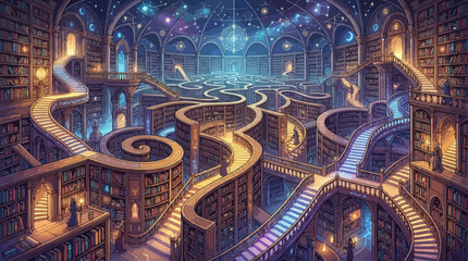Surreal Fantasy Library Architecture with Infinite Bookshelves and Celestial Starry Sky Background Illustration © Simon