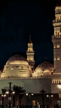 Quba Mosque Night Photography Domes and Minarets - Illuminated Traditional White Islamic Architecture Landmark in Medina Saudi Arabia