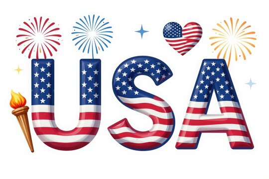 Usa patriotic letters with fireworks and torch