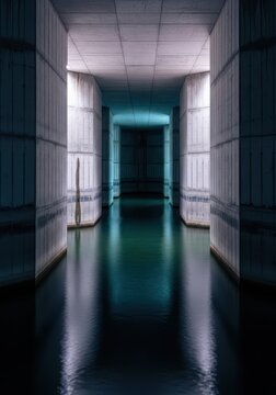 Vast subterranean concrete reservoir cistern infrastructure used for storing treated potable water and municipal supply management, essential, pump, water