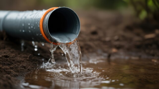Closeup of water pouring from grey PVC pipe onto brown earth