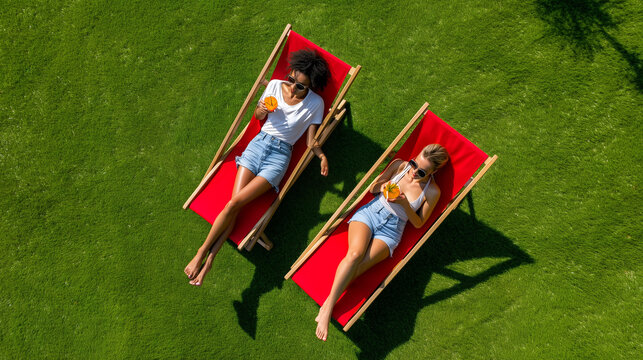 Aerial top-down view of two young women relaxing on red deck chairs on a vibrant green lawn on a bright sunny summer day. High-angle drone shot of friends sunbathing, drinking oran