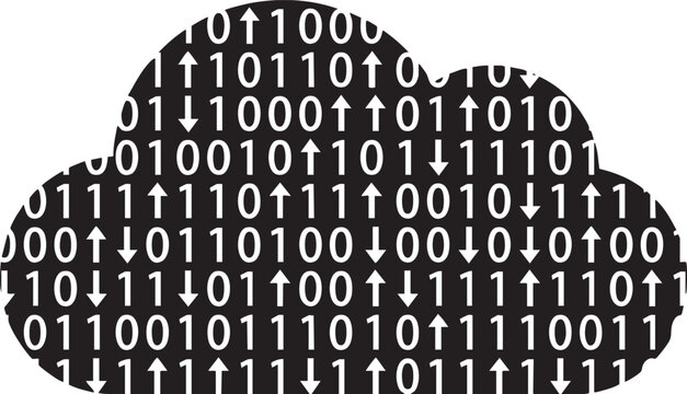 Abstract digital data cloud computing concept with binary code and network arrows illustrating modern technology services