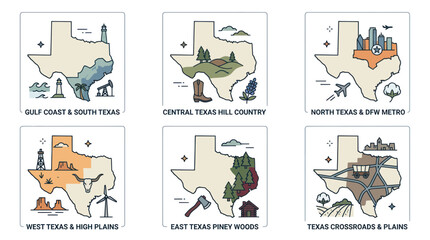 Texas regional maps with geographic landmarks and cultural icons © Muhammad