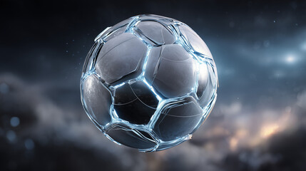 Naklejka premium Glowing metallic soccer ball floating in sci-fi background