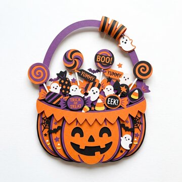Vibrant 3D Paper Cut Halloween Candy Basket with Boo Text and Sweet Treats