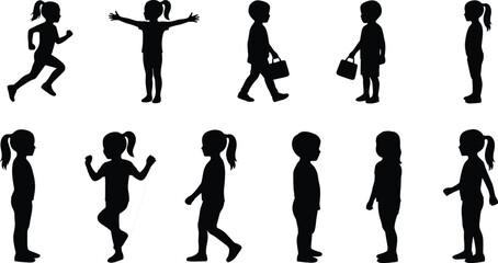 Silhouette illustration of children in playful activities, highlighting movement, interaction, sports, and creativity in minimalist design concept © Sohel