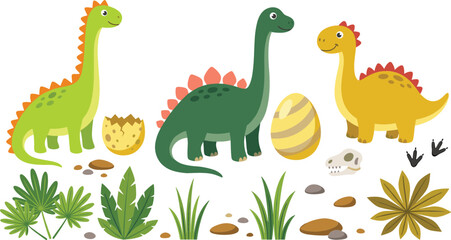 Cute Cartoon Dinosaur Vector Set with Brachiosaurus, Stegosaurus, Hatching Egg, Fossil Skull, and Tropical Jungle Leaves for Kids Prehistoric Educational Designs © Rumi