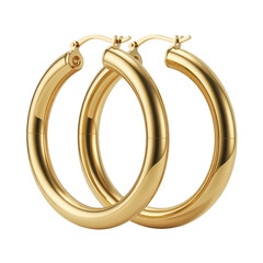 Obraz premium Pair of shiny gold hoop earrings with a smooth polished surface, classic circular jewelry isolated on a white background, studio shot
