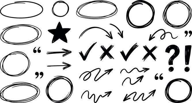 Hand drawn doodle elements set, circles, arrows, check marks, crosses, question and exclamation marks isolated on white background