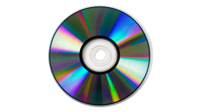 Shiny compact disc with rainbow spectrum reflections, isolated on transparent background