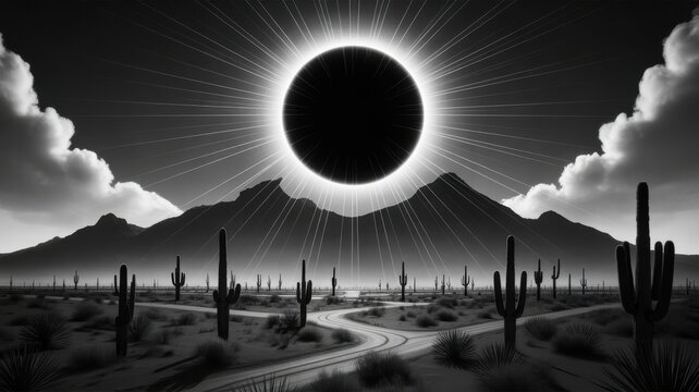 Surreal black and white landscape of a solar eclipse over a desert with crossroads and saguaro cacti