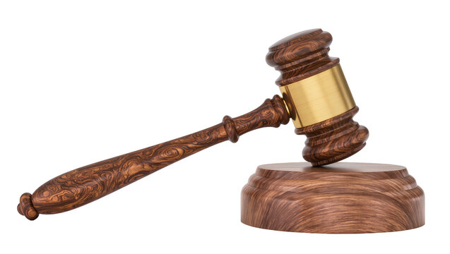 Wooden gavel with brass band resting on wooden sound block, isolated on transparent background