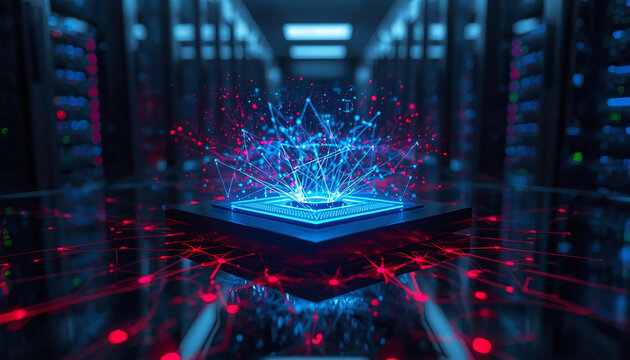 Futuristic AI cybersecurity core projecting a holographic shield to block network threats and malicious code