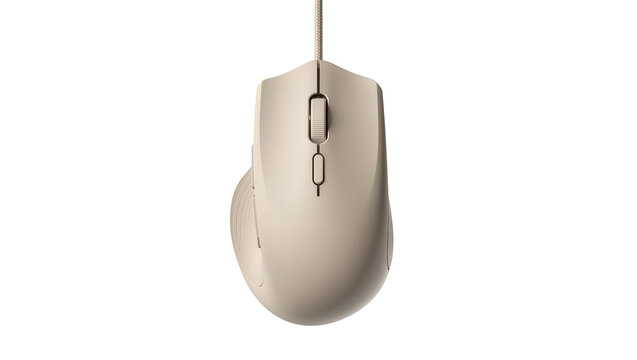 Beige computer mouse with scroll wheel and buttons, isolated on transparent background